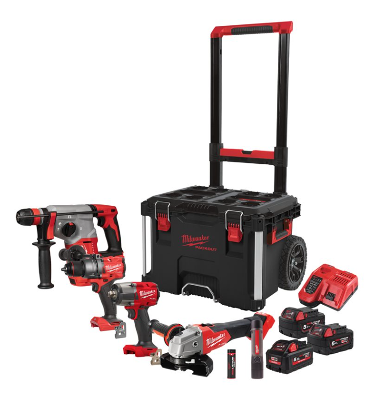 Berbequim com Percussão + Martelo Combinado SDS-Plus + Rebarbadora de Acabamentos + Chave de Impacto + Lanterna Tática